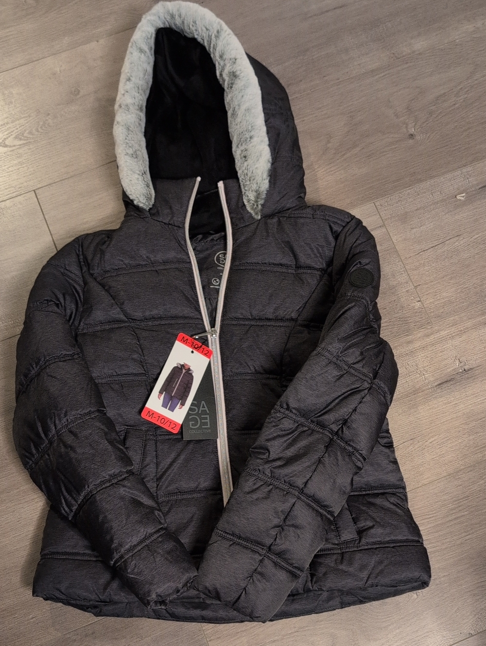 Sage Black Hooded Puffer Jacket with Light Gray Faux Fur Trim